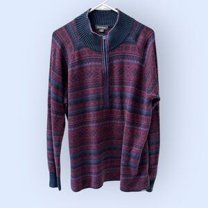 Men’s Eddie Bauer Fair Isle Half Zip Navy Maroon Sweater, Size Extra Large Y2K.